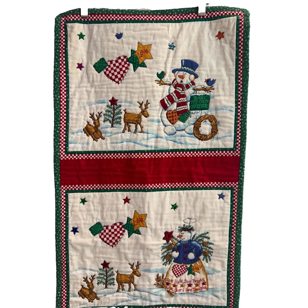 Handmade Quilted Christmas Snowman Wall Hanging Banner Winter Reindeer Fabric